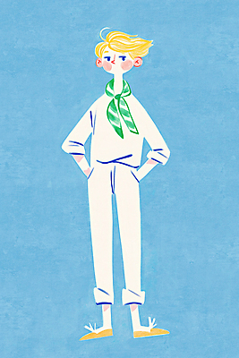 JPG 전신 남자 하늘색 일러스트 한명 서기 성인 귀여움 스카프 주머니손 성인남자한명만 국내일러스트 AI일러스트 AI콘텐츠 1 컨셉 모션 사람 파란색 목도리 남자한명만 성인남자만 파일형식