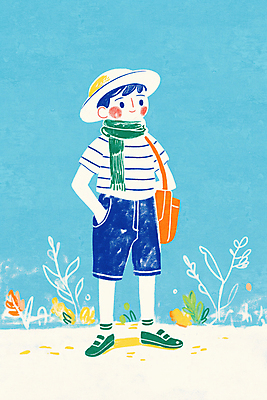 JPG 전신 모자 남자 하늘색 잎 가방 일러스트 한명 미소 성인 귀여움 목도리 주머니손 성인남자한명만 국내일러스트 AI일러스트 AI콘텐츠 식물 1 잡화 컨셉 모션 표정 사람 파란색 남자한명만 성인남자만 파일형식