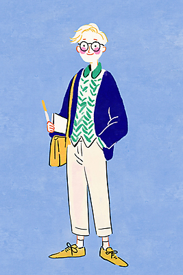 JPG 전신 남자 가방 일러스트 한명 서기 미소 성인 파란색 귀여움 주머니손 성인남자한명만 안경낌 국내일러스트 AI일러스트 AI콘텐츠 1 잡화 안경 컬러 컨셉 모션 표정 사람 남자한명만 성인남자만 파일형식