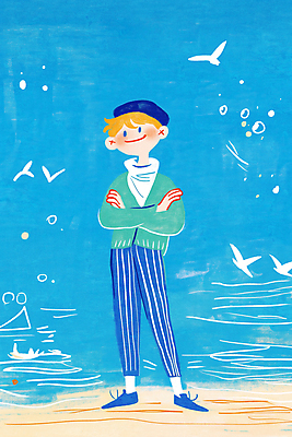 JPG 전신 모자 남자 일러스트 조류 한명 서기 미소 성인 해변 파란색 팔짱 귀여움 성인남자한명만 국내일러스트 AI일러스트 AI콘텐츠 동물 1 잡화 바다 컬러 컨셉 모션 표정 사람 남자한명만 성인남자만 파일형식