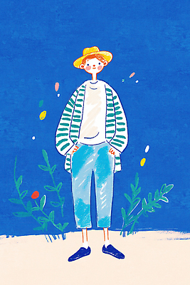 JPG 전신 모자 남자 허리손 잎 일러스트 한명 서기 미소 성인 파란색 귀여움 성인남자한명만 국내일러스트 AI일러스트 AI콘텐츠 식물 1 잡화 컬러 포즈 컨셉 모션 표정 사람 남자한명만 성인남자만 파일형식