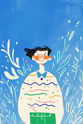 JPG 남자 잎 일러스트 한명 미소 상반신 성인 파란색 귀여움 성인남자한명만 국내일러스트 AI일러스트 AI콘텐츠 식물 1 컬러 컨셉 표정 사람 남자한명만 성인남자만 파일형식