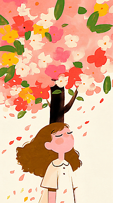 JPG 여자 꽃잎 어린이 분홍색 일러스트 나뭇잎 한명 소녀 상반신 눈감음 올려보기 벚나무 소녀한명만 흩날리기 국내일러스트 AI일러스트 AI콘텐츠 나무 1 꽃 컬러 잎 모션 사람 벚꽃 여자한명만 소녀만 파일형식