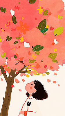 JPG 여자 꽃잎 어린이 분홍색 일러스트 나뭇잎 한명 소녀 상반신 올려보기 벚나무 소녀한명만 흩날리기 국내일러스트 AI일러스트 AI콘텐츠 나무 1 꽃 컬러 잎 모션 사람 벚꽃 여자한명만 소녀만 파일형식