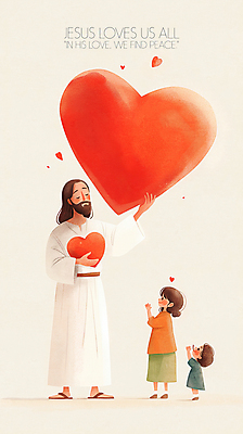 전신 PSD 여자 남자 기독교 어린이 일러스트 사랑 미소 들기 소녀 소년 성인 빨간색 세명 손들기 눈감음 천주교 하트 예수 국내일러스트 모양 감정 종교 컬러 모션 표정 사람 신_종교 파일형식