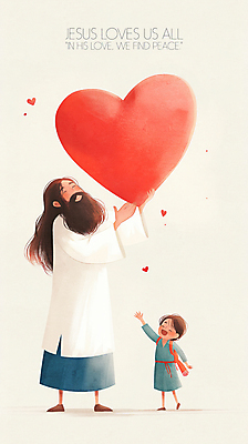 전신 PSD 남자 기독교 어린이 일러스트 사랑 미소 들기 소년 성인 두명 빨간색 손들기 천주교 하트 예수 남자만 국내일러스트 모양 감정 종교 컬러 모션 표정 사람 신_종교 파일형식