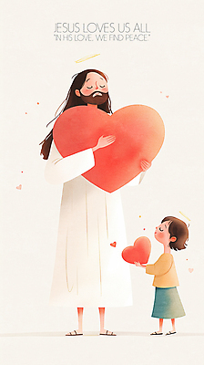 전신 PSD 여자 남자 기독교 어린이 일러스트 사랑 미소 들기 소녀 성인 두명 빨간색 눈감음 천주교 하트 예수 국내일러스트 모양 감정 종교 컬러 모션 표정 사람 신_종교 파일형식