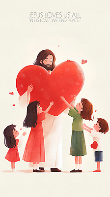 전신 PSD 여자 남자 기독교 어린이 일러스트 팔벌리기 사랑 미소 들기 소녀 소년 여러명 성인 빨간색 손들기 눈감음 천주교 하트 예수 국내일러스트 모양 감정 종교 컬러 다수 모션 표정 사람 신_종교 파일형식