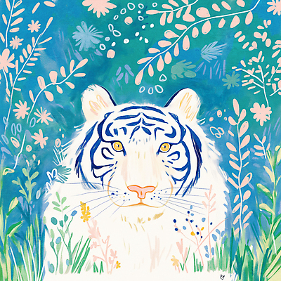 JPG 꽃 야생동물 일러스트 한국 사람없음 초록색 풀잎 청록색 풀숲 백호 국내일러스트 AI일러스트 AI콘텐츠 식물 동물 아시아 컬러 잎 풀_식물 호랑이 숲 파일형식 사방신