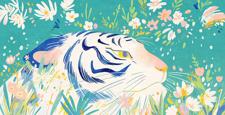 JPG 꽃 야생동물 일러스트 한국 사람없음 풀잎 청록색 풀숲 백호 국내일러스트 AI일러스트 AI콘텐츠 식물 동물 아시아 컬러 잎 풀_식물 호랑이 숲 파일형식 사방신