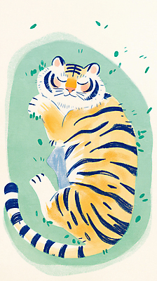 JPG 야생동물 일러스트 휴식 한국 잔디 사람없음 초록색 눕기 노란색 눈감음 호랑이 낮잠 국내일러스트 AI일러스트 AI콘텐츠 식물 동물 아시아 컬러 컨셉 포유류 모션 잠 파일형식