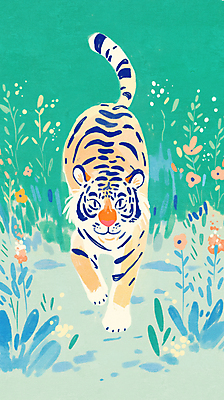 JPG 꽃 야생동물 일러스트 한국 잔디 사람없음 초록색 걷기 풀잎 호랑이 국내일러스트 AI일러스트 AI콘텐츠 식물 동물 아시아 컬러 잎 포유류 모션 풀_식물 파일형식