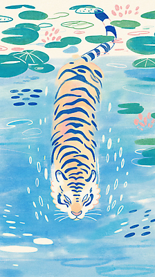 JPG 야생동물 일러스트 한국 연꽃 사람없음 파란색 수영 연못 호랑이 연잎 국내일러스트 AI일러스트 AI콘텐츠 동물 꽃 아시아 컬러 잎 포유류 수상스포츠 파일형식