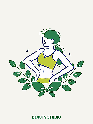 디자인 여자 리본 허리손 잎 일러스트 한명 미소 상반신 성인 초록색 운동복 뷰티 심볼 심플 성인여자한명만 국내일러스트 AI파일 식물 1 옷 컬러 포즈 표정 사람 여자한명만 성인여자만 파일형식 벡터