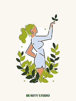 디자인 여자 잎 일러스트 한명 성인 초록색 뷰티 손들기 심볼 심플 포니테일 성인여자한명만 국내일러스트 AI파일 식물 1 헤어스타일 컬러 모션 사람 여자한명만 성인여자만 파일형식 벡터