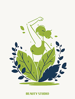 디자인 여자 잎 일러스트 한명 상반신 성인 초록색 운동복 뷰티 손들기 심볼 심플 성인여자한명만 국내일러스트 AI파일 식물 1 옷 컬러 모션 사람 여자한명만 성인여자만 파일형식 벡터