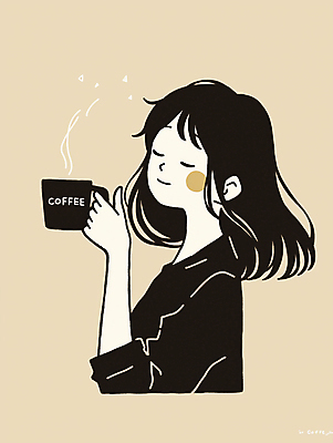 JPG 여자 일러스트 한명 미소 들기 상반신 성인 눈감음 커피잔 감성 베이지색 월요일 카페인 성인여자한명만 국내일러스트 AI일러스트 AI콘텐츠 1 커피 컬러 컨셉 모션 잔 표정 사람 요일 여자한명만 성인여자만 파일형식