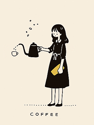 JPG 전신 여자 커피 일러스트 한명 들기 성인 눈감음 머그컵 붓기 커피포트 감성 베이지색 월요일 카페인 성인여자한명만 국내일러스트 AI일러스트 AI콘텐츠 1 음료 컬러 컨셉 모션 주전자 사람 컵 요일 여자한명만 성인여자만 파일형식