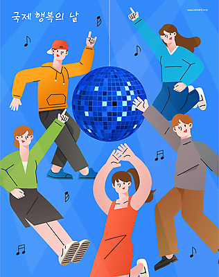 전신 여자 남자 행복 음표 일러스트 미소 여러명 성인 파란색 파티 손들기 점프 춤 미러볼 다리들기 캡모자 성인만 국내일러스트 국제행복의날 AI파일 모자_잡화 기호 기념일 감정 음악 컬러 다수 모션 문화예술 표정 사람 이벤트 장식 파일형식 벡터