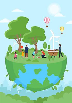 전신 나무 구름 여자 남자 지구 어린이 하늘색 일러스트 하늘 나뭇잎 허리숙이기 들기 소녀 소년 여러명 성인 태양 손들기 손잡기 수레 열기구 도시 풀 삽 식목일 풍선 풍력기 나무심기 심기 무릎구부리기 국내일러스트 AI파일 자연요소 식물 기념일 포즈 다수 잎 항공교통 모션 숙이기 사람 파란색 카트 풍력에너지 파일형식 벡터