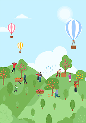 전신 나무 구름 여자 남자 어린이 하늘색 일러스트 하늘 들기 소녀 여러명 성인 연두색 태양 손들기 수레 열기구 과일나무 식목일 언덕 나무토막 과일따기 줍기 국내일러스트 AI파일 자연요소 식물 기념일 다수 항공교통 모션 사람 초록색 파란색 카트 파일형식 벡터