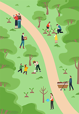 전신 여자 남자 길 어린이 일러스트 허리숙이기 들기 소녀 소년 여러명 성인 연두색 손들기 수레 숲 삽 식목일 물주기 나무심기 포대 묘목 무릎구부리기 국내일러스트 AI파일 나무 기념일 포즈 다수 모션 숙이기 사람 초록색 카트 심기 파일형식 벡터