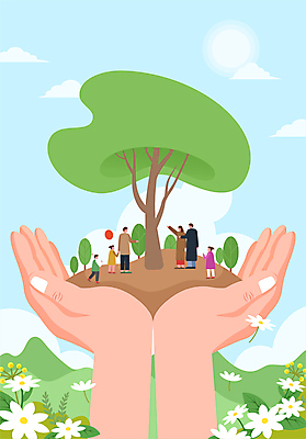 전신 나무 구름 손 여자 남자 어린이 하늘색 꽃밭 일러스트 하늘 나뭇잎 소녀 소년 여러명 성인 신체부위 태양 손들기 식목일 풍선 나무심기 국내일러스트 AI파일 자연요소 식물 기념일 꽃 다수 잎 모션 사람 파란색 심기 파일형식 벡터