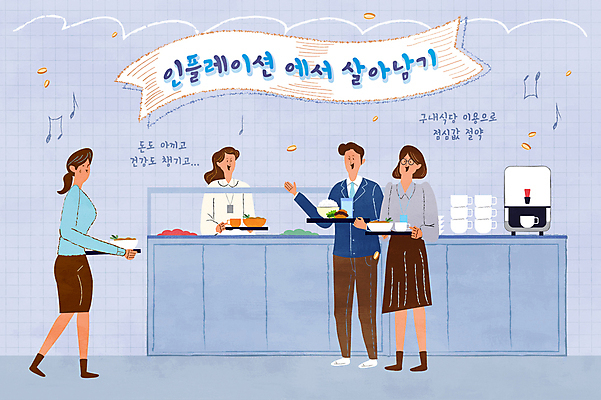 전신 여자 남자 음표 일러스트 쟁반 미소 들기 여러명 성인 파란색 동전 직장인 커피잔 커피메이커 격자 점심식사 구내식당 성인만 인플레이션 국내일러스트 AI파일 직업 기호 커피 음악 컬러 다수 돈 무늬 모션 잔 표정 사람 경제 식당 식사 커피용품 파일형식 벡터