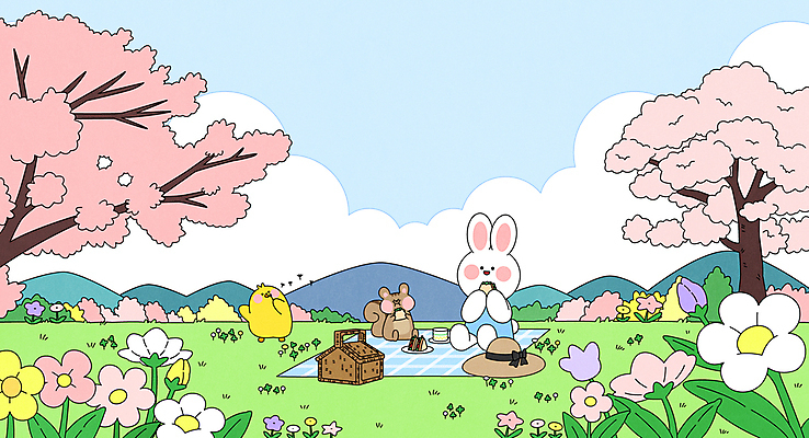 구름 일러스트 하늘 산 샌드위치 들기 앉기 잔디 초원 사람없음 귀여움 들꽃 벚나무 먹기 돗자리 토끼캐릭터 병아리캐릭터 봄소풍 소풍바구니 챙모자 국내일러스트 다람쥐캐릭터 AI파일 자연요소 나무 식물 모자_잡화 꽃 음식 동물캐릭터 컨셉 모션 병아리 소풍 바구니 봄 벚꽃 토끼 다람쥐 파일형식 벡터