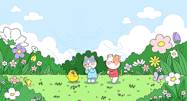 구름 일러스트 하늘 바람 잔디 초원 사람없음 귀여움 놀람 들꽃 풀 고양이캐릭터 병아리캐릭터 떨림 봄소풍 재채기 꽃샘추위 국내일러스트 AI파일 자연요소 식물 꽃 감정 동물캐릭터 컨셉 모션 날씨 표정 병아리 소풍 고양이 봄 추위 파일형식 벡터