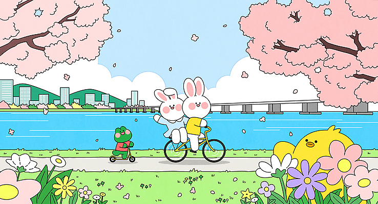 구름 꽃잎 길 일러스트 하늘 바람 잔디 사람없음 건물 강 손들기 귀여움 자전거 도시 벚나무 승차 토끼캐릭터 한강 병아리캐릭터 개구리캐릭터 봄소풍 자전거도로 퀵보드 가교 흩날리기 국내일러스트 AI파일 자연요소 나무 식물 건축물 꽃 교통수단 동물캐릭터 컨셉 모션 날씨 서울 병아리 개구리 소풍 바이크 봄 벚꽃 토끼 랜드마크 전용도로 파일형식 벡터