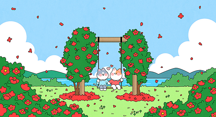 구름 커플 꽃잎 일러스트 하늘 바람 산 사랑 잔디 초원 사람없음 강 귀여움 손잡기 고양이캐릭터 동백 그네의자 나무그네 동백나무 봄소풍 흩날리기 국내일러스트 AI파일 자연요소 나무 식물 꽃 감정 동물캐릭터 컨셉 의자 관계 모션 날씨 소풍 고양이 봄 그네 파일형식 벡터