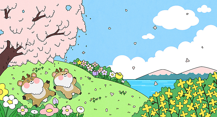 구름 꽃잎 일러스트 하늘 휴식 산 잔디 사람없음 강 눕기 귀여움 눈감음 들꽃 벚나무 개나리 언덕 사슴캐릭터 봄소풍 흩날리기 국내일러스트 AI파일 자연요소 나무 식물 꽃 동물캐릭터 컨셉 모션 사슴 소풍 봄 벚꽃 파일형식 벡터