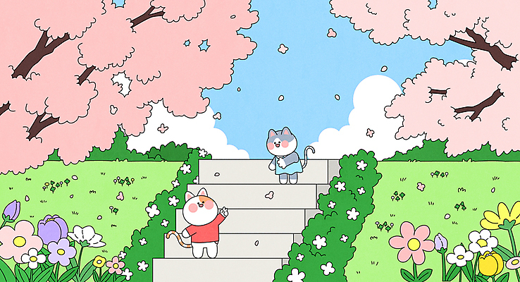 구름 꽃잎 일러스트 하늘 바람 잔디 사람없음 친구 귀여움 계단 들꽃 풀 벚나무 가위바위보 고양이캐릭터 봄소풍 흩날리기 국내일러스트 AI파일 자연요소 나무 식물 꽃 동물캐릭터 컨셉 관계 모션 놀이 날씨 소풍 고양이 봄 벚꽃 파일형식 벡터