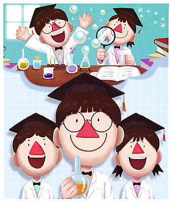 PSD 여자 남자 어린이 일러스트 창문 상상 돋보기 미래 미소 들기 소녀 소년 여러명 상반신 성인 꿈 실험실 비눗방울 연구원 과학자 장래희망 IQ 창의력 책더미 국내일러스트 직업 과학 다수 컨셉 모션 표정 실험 사람 책 무더기 학자 파일형식