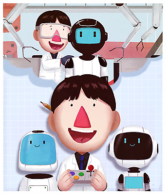 PSD 남자 어린이 일러스트 상상 미래 고글 미소 들기 소년 상반신 성인 두명 연필 기계 꿈 로봇 과학자 장래희망 발명가 남자만 AI_인공지능 국내일러스트 직업 과학 컨셉 모션 학용품 표정 사람 필기구 학자 파일형식