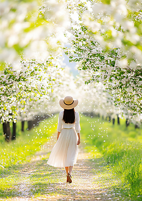 JPG 전신 편집이미지 여자 꽃잎 봄꽃 한명 잔디 성인 뒷모습 걷기 봄풍경 밀짚모자 숲길 의료성형뷰티 성인여자한명만 편집실사 AI인물포토 AI콘텐츠 식물 모자_잡화 1 꽃 길 뷰포인트 모션 사람 풍경 봄 CG 여자한명만 성인여자만 파일형식 AI포토