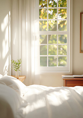 JPG 나무 편집이미지 창문 베개 탁자 사람없음 빛 햇빛 침실 침대 커튼 편안함 서랍장 편집실사 AI포토 AI콘텐츠 식물 가구 침구 태양 감각 CG 파일형식