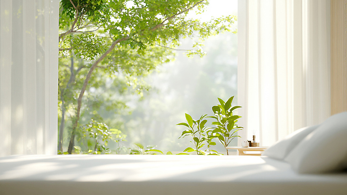 JPG 나무 편집이미지 잎 창문 베개 탁자 사람없음 빛 햇빛 침실 침대 커튼 편안함 편집실사 AI포토 AI콘텐츠 식물 가구 침구 태양 감각 CG 파일형식