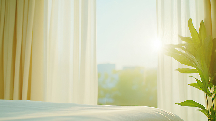 JPG 편집이미지 잎 창문 사람없음 빛 햇빛 침실 침대 커튼 편안함 편집실사 AI포토 AI콘텐츠 식물 가구 태양 감각 CG 파일형식