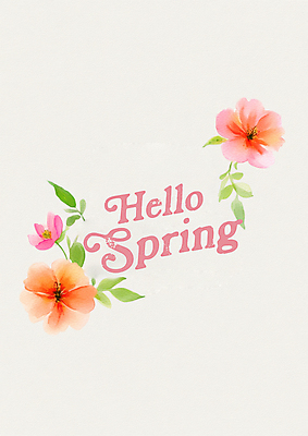 PSD 편집이미지 영어 분홍색 잎 봄꽃 수채화 사람없음 안녕 이미지편집 식물 문자 꽃 컬러 봄 인사 파일형식