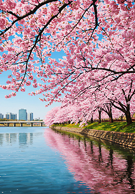 JPG 일러스트 하늘 빌딩 잔디 사람없음 강 반사 봄풍경 나뭇가지 벚나무 그림 유화 가교 국내일러스트 AI일러스트 AI콘텐츠 나무 식물 건축물 미술 풍경 건물 봄 벚꽃 파일형식