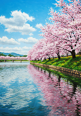 JPG 구름 일러스트 하늘 잔디 사람없음 강 반사 봄풍경 벚나무 그림 유화 가교 국내일러스트 AI일러스트 AI콘텐츠 자연요소 나무 식물 건축물 미술 풍경 봄 벚꽃 파일형식