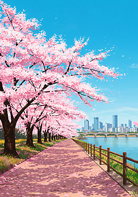 JPG 길 일러스트 하늘 빌딩 잔디 사람없음 강 반사 봄풍경 벚나무 그림 나무울타리 유화 가교 국내일러스트 AI일러스트 AI콘텐츠 나무 식물 건축물 미술 풍경 건물 울타리 봄 벚꽃 파일형식