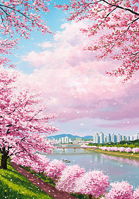 JPG 구름 길 일러스트 하늘 빌딩 잔디 사람없음 강 반사 봄풍경 벚나무 그림 유화 가교 선박 국내일러스트 AI일러스트 AI콘텐츠 자연요소 나무 식물 건축물 수상교통 미술 풍경 건물 봄 벚꽃 파일형식
