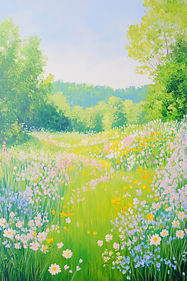 JPG 나무 꽃밭 일러스트 봄꽃 하늘 사람없음 초록색 봄풍경 풀 그림 유화 국내일러스트 AI일러스트 AI콘텐츠 식물 꽃 컬러 미술 풍경 봄 파일형식