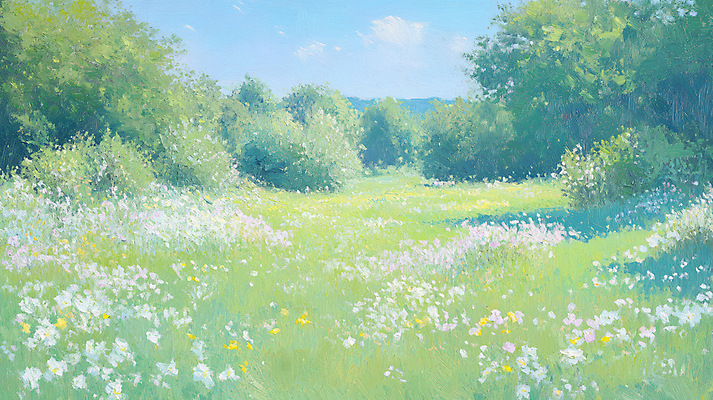 JPG 나무 꽃밭 일러스트 봄꽃 하늘 사람없음 초록색 봄풍경 풀 그림 유화 국내일러스트 AI일러스트 AI콘텐츠 식물 꽃 컬러 미술 풍경 봄 파일형식
