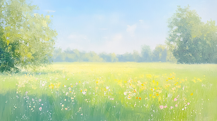 JPG 나무 꽃밭 일러스트 봄꽃 하늘 사람없음 초록색 봄풍경 풀 그림 유화 국내일러스트 AI일러스트 AI콘텐츠 식물 꽃 컬러 미술 풍경 봄 파일형식