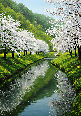 JPG 일러스트 잔디 사람없음 강 반사 봄풍경 풀 벚나무 그림 산속 유화 국내일러스트 AI일러스트 AI콘텐츠 나무 식물 산 미술 풍경 봄 벚꽃 파일형식