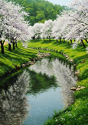 JPG 일러스트 사람없음 강 반사 봄풍경 돌_바위 벚나무 그림 산속 유화 국내일러스트 AI일러스트 AI콘텐츠 나무 산 미술 풍경 봄 벚꽃 파일형식